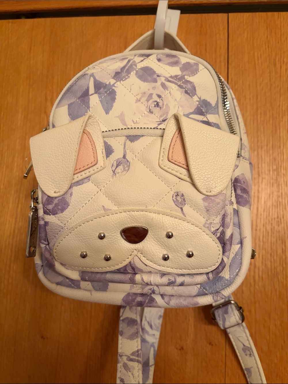 Betsey Johnson RARE vegan blue rose print white French bulldog pup mini backpack